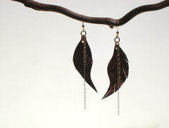 Bronze leather feather earings with chain